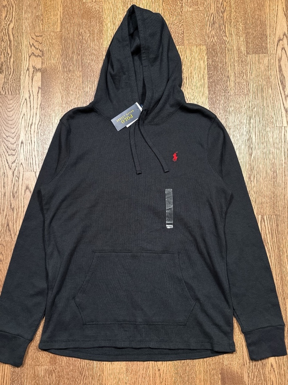 NWT Polo Ralph Lauren Waffle Knit Thermal Cotton Hoodie Black Mens Large